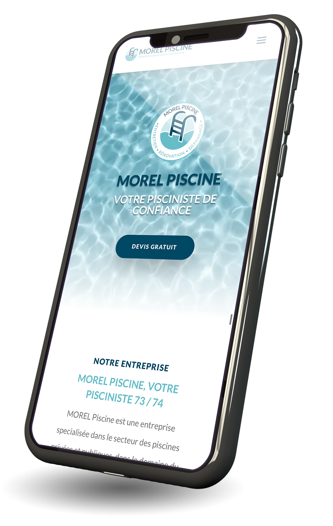 mockup phone Morel piscine - cfeation logo - creation site internet - charte graphique